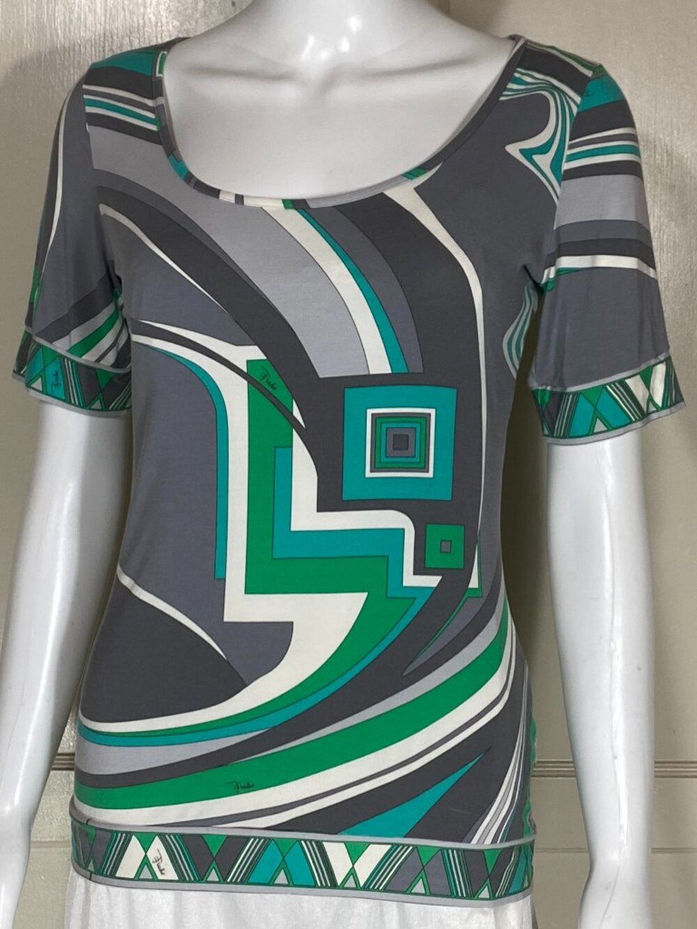 Vintage EMILIO PUCCI Firenze Geometric Print Stretch Top Green Gray Turquoise L